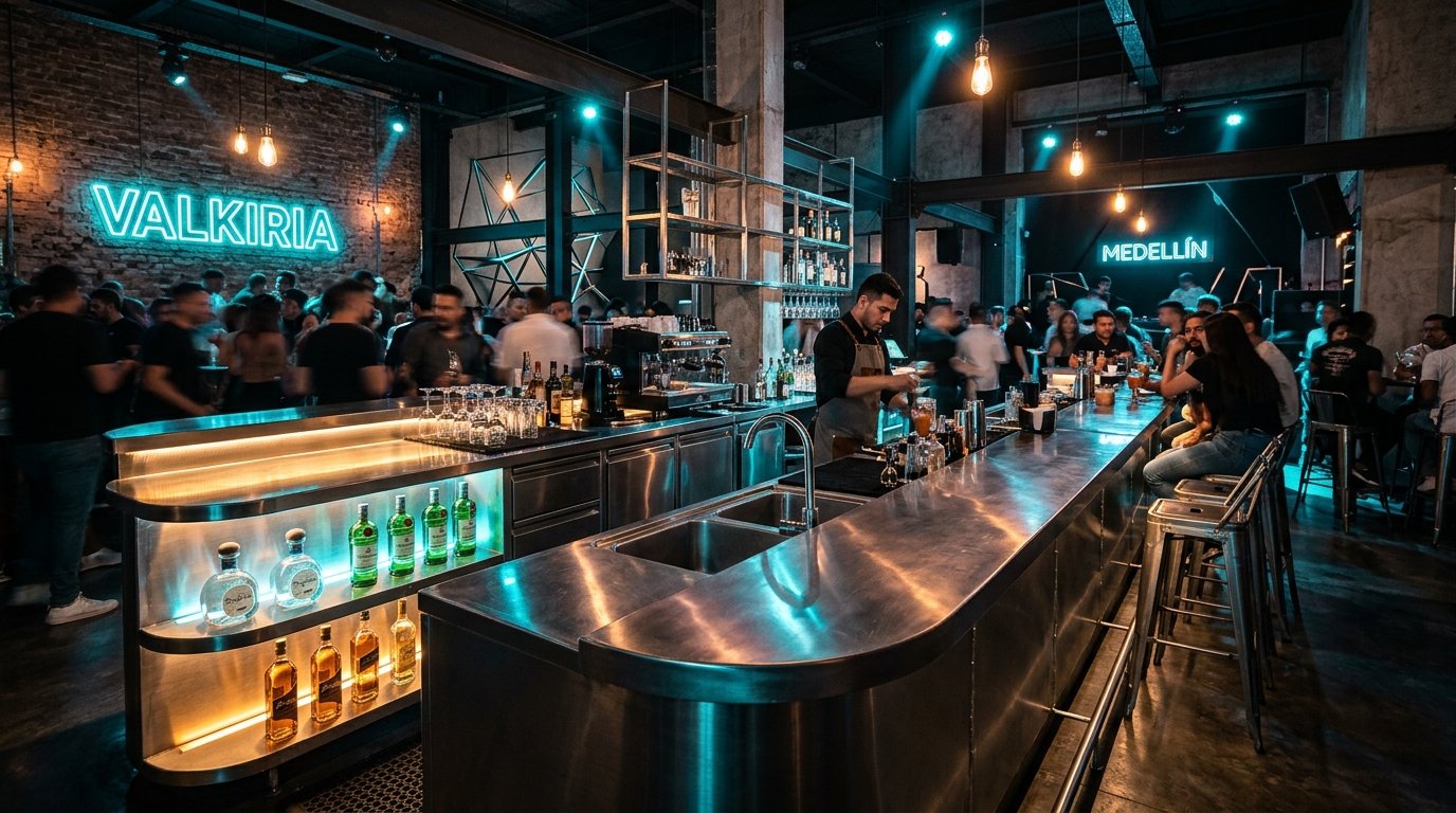 Barra de bar en acero inoxidable 304 para discoteca y entretenimiento nocturno fabricada por Trazas Ingeniería en Pereira y el Eje Cafetero
