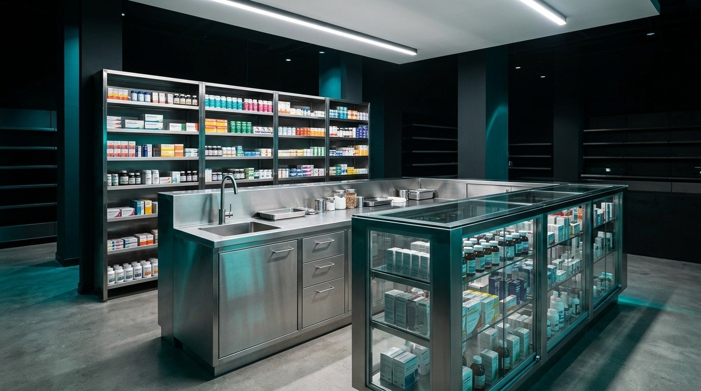 Muebles y estantes en acero inoxidable para farmacia y droguería — Pereira y Eje Cafetero